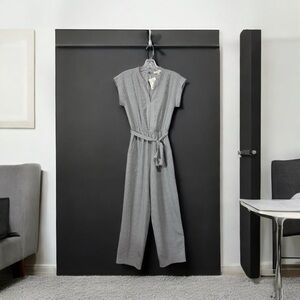 Monteau Los Angeles, V-Neck Striped Jumpsuit With Waist Tie, Small, White, Grey